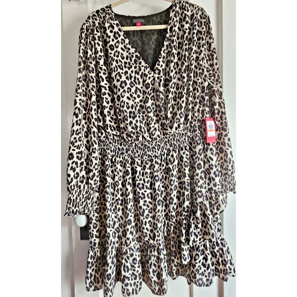 NWT Vince Camuto leopard print puff sleeve tiered flare smocked waistdress Sz 2X